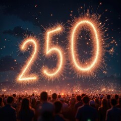 A large crowd gazes at the night sky where the number 250 is illuminated with bright fireworks