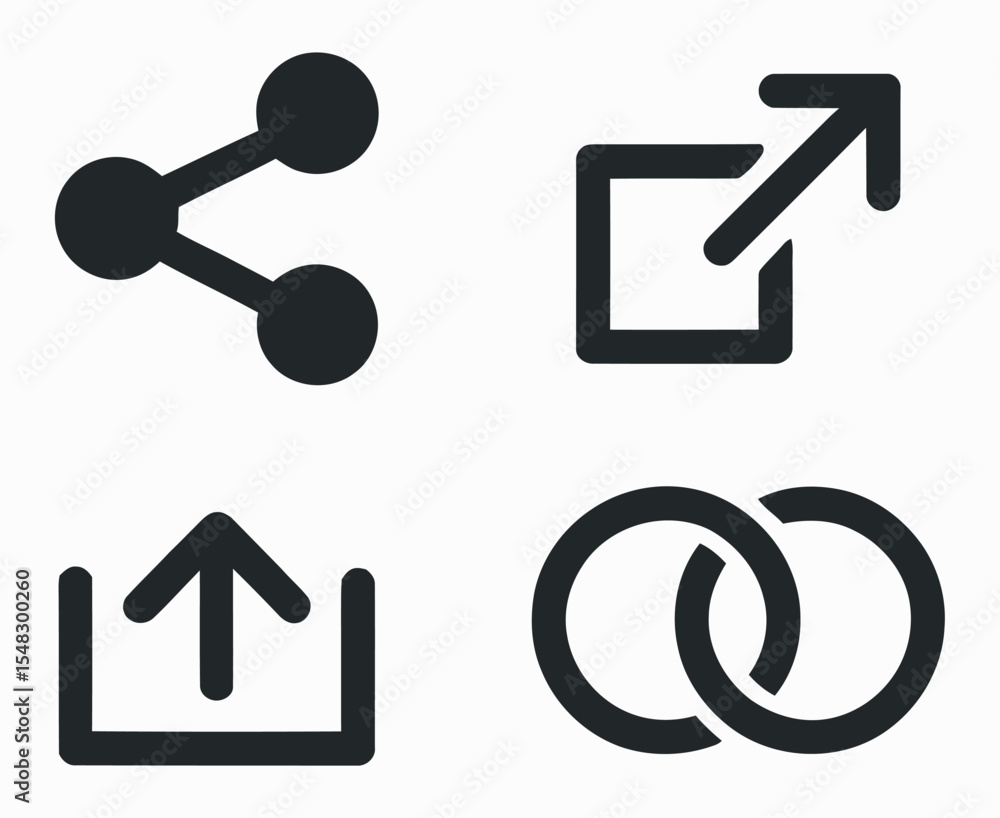 Poster set of four simple black and white web icons for sharing enlarging uploading and linking