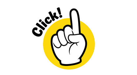 Cartoon Hand Pointing Up with "Click!" Text on Yellow Circle