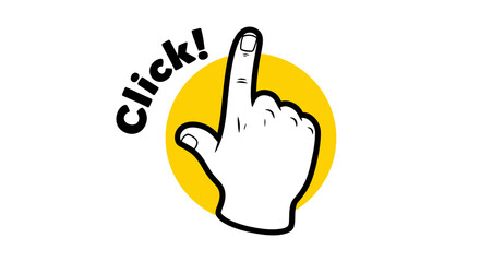 Cartoon Hand Pointing Upward with Click Text and Yellow Circle