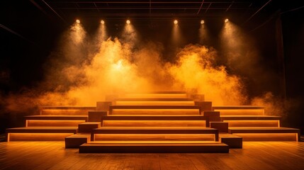 Stage with amber lighting and tiered seating