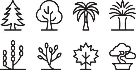 Seven Black Line Art Tree Icons Pine Deciduous Palm Yucca Willow Maple Bonsai Set vector