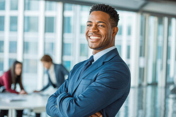 Confident businessman in a blue suit smiling with arms crossed, standing in a bright, modern office. Colleagues are blurred in the background, engaging in collaborative work. Business success.