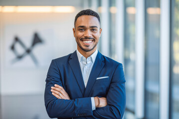 Professional man in a navy suit smiles confidently with arms crossed inside a modern office space. Natural light from large windows illuminates the setting, creating a welcoming scene.