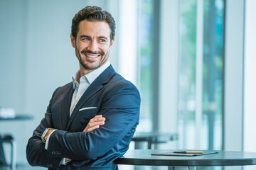 Professional man in a smart suit smiles confidently with arms crossed, standing in a modern office space. Bright, natural light filters through large windows, creating a welcoming ambiance.