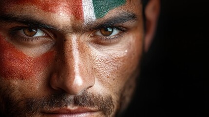 Obraz premium A striking close-up portrait of a young man displaying intense patriotism with painted colors on his face, showcasing determination and cultural pride in a captivating manner.