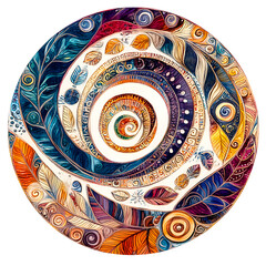 Detailed circular artwork with tribal elements abstract leaf motifs and colored spirals on clean white background