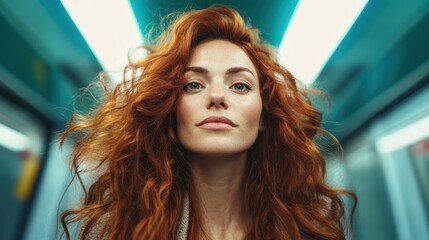 A confident woman with vibrant red hair gazes directly at the camera in a subway setting, showcasing boldness and individuality amidst urban surroundings.