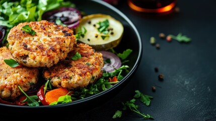 A hearty dish of golden-brown fish patties served on a black plate, artfully arranged alongside fresh vegetables and herbs, perfect for an appetizing meal.