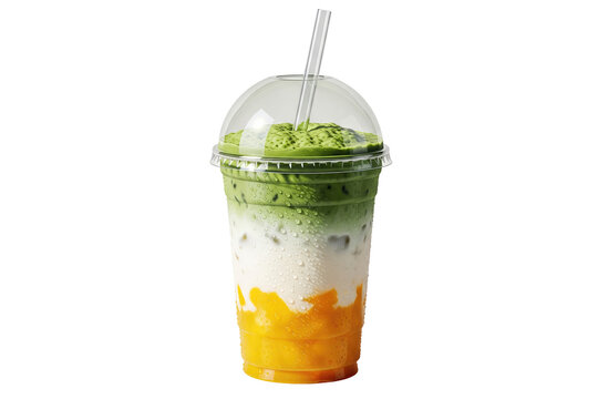 iced layered mango matcha latte in a plastic takeaway cup