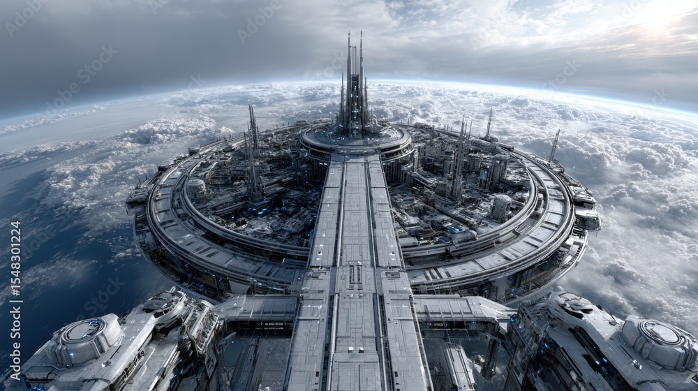 Aufkleber a vast space station orbits earth, featuring intricate designs and advanced technology. the scene sh