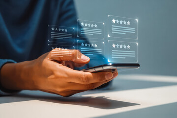 A hand holds a smartphone displaying digital review cards with star ratings, highlighting online feedback and customer satisfaction. This visual emphasizes the power of mobile technology and reviews.