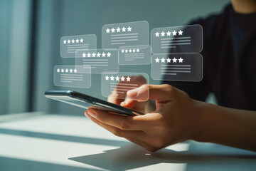 A person interacts with a smartphone, displaying floating five-star digital reviews. The image symbolizes online rating systems, consumer feedback, and digital user experiences.