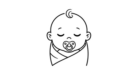 Simple Black and White Baby Illustration with Pacifier, Swaddled, Sleeping.