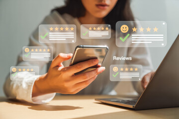 A person is using a smartphone and laptop to browse and leave online reviews. Floating icons display five-star ratings, showcasing positive feedback and digital engagement for businesses.