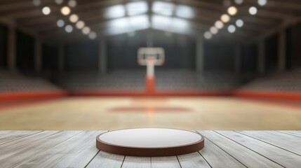 Empty podium on wooden floor in basketball arena