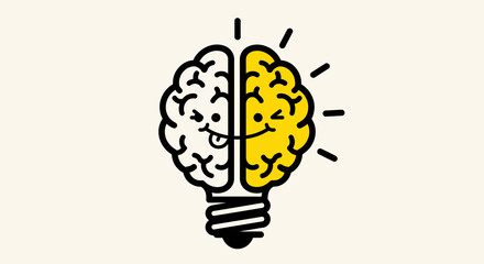 Smiling Brain Lightbulb, Creative Idea,  Funny,  Split,  Yellow and White
