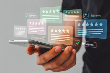 A hand holds a smartphone displaying floating review icons with star ratings. The transparent graphics symbolize online feedback and consumer engagement, highlighting digital interaction trends.