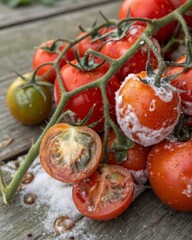 Decaying cluster of cherry tomatoes in a kitchen setting close-up view revealing cracked and spoiled fruits for culinary awareness