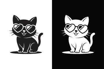 A cute cat wearing heart-shaped sunglasses icon vector style  with white background.