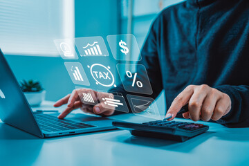 A person calculates taxes using a laptop and calculator, with digital icons floating above. The concept highlights finance, tax, and accounting technology for efficient financial management.