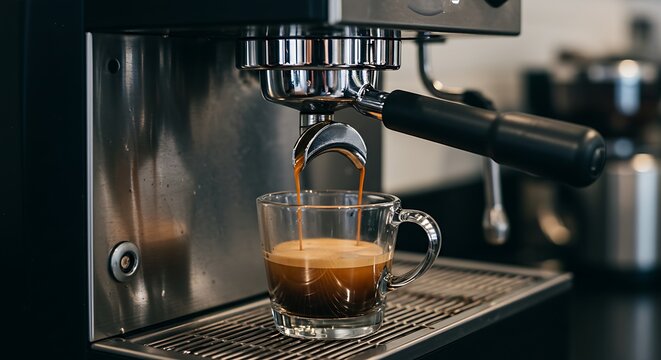 Brewing espresso in to glass cups silver coffee espresso machine white and clean interior. Barista working with coffee machine and making espresso coffee, speciality coffee black arabica