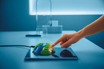 A hand interacts with a digital tablet displaying a 3D holographic globe. The futuristic setup highlights technology's impact on global connectivity and innovation in modern workplaces.