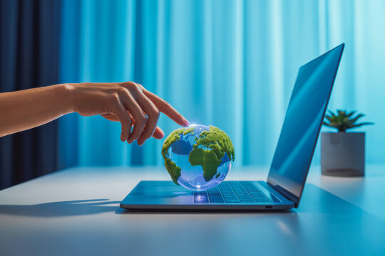 A hand touches a digital globe on a laptop, symbolizing global connectivity, technology, and sustainability. The globe glows, representing digital innovation and environmental awareness.