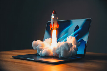 A rocket launching from a laptop screen symbolizes digital innovation and creative technology. Surrounded by clouds, this image highlights the power of online transformation and futuristic progress.