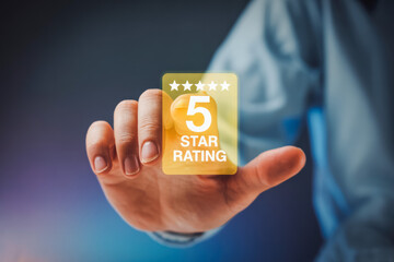 Hand close-up pointing at a glowing 5-star rating review icon, symbolizing excellence and high quality. Perfect for highlighting exceptional services, products, or customer feedback.