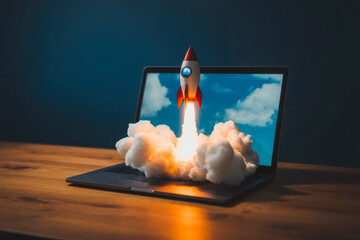 A small rocket launches dramatically from an open laptop, trailing clouds and flames. This imaginative scene symbolizes innovation and progress in technology and digital creativity.
