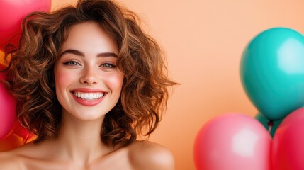 Naklejka premium This vibrant image showcases a beautiful woman with curly hair, smiling warmly alongside colorful balloons, embodying joy, celebration, and the spirit of life in a playful atmosphere.