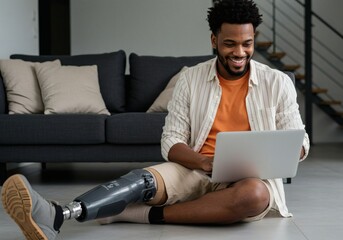 Man with prosthetic leg using laptop at home working online accessibility inclusion disability awareness