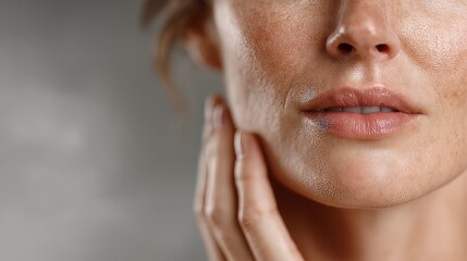 Captivating beauty captured in a close-up of a woman gently touching her face, highlighting the elegance of natural features against a soft background