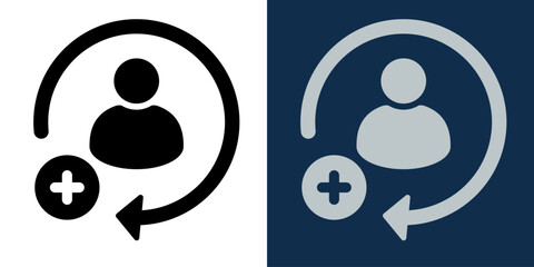 Add New User Icon in Flat Design Style. Circular Arrow with Person Symbol and Plus Sign. Concept of Registration, Membership, Profile Creation. Vector Set in Black and Blue Color Versions. © Mirikiteki