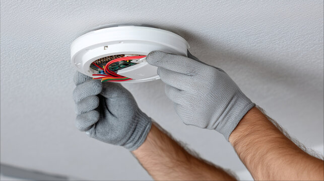 Close-up: smoke detector installation on ceiling, gloved hand, visible circuits and wiring detail