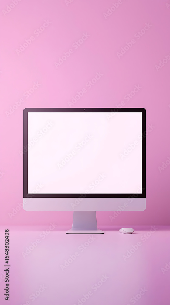 Poster clean, modern desktop computer setup with a blank screen and wireless mouse, all in a matching pink 