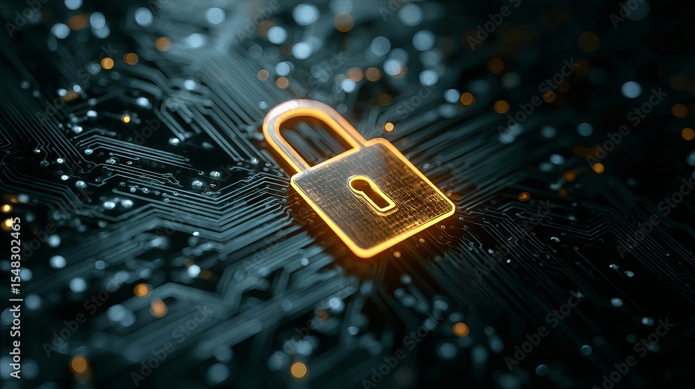 Poster cybersecurity digital lock glowing padlock on circuit board abstract technology background modern da