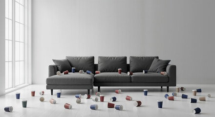 Messy Living Room with Spilled Cups on and Around a Grey Sofa. concept of disorder, mess, and the quiet aftermath of activity.