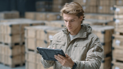 Logistics officer scans weapon crates in vast depot, tablet shows live inventory, racks aligned