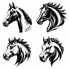 Set of Four Horse Head  Illustrations: Powerful Black and White Stallion Mascot Logo Collection for Sports Team and Brand Identity