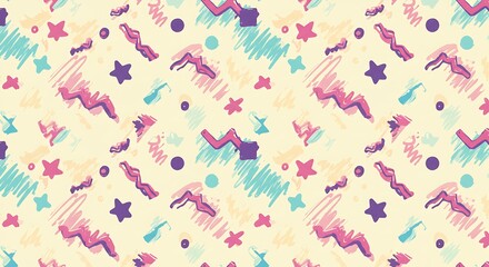 Pastel 90s Retro Seamless Pattern Stars, Zigzags, and Dots Design