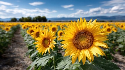 Fototapeta premium A field filled with bright yellow sunflowers stretches toward the horizon, basking in the sunlight. Lush green leaves complement the vibrant flowers under a picturesque sky.