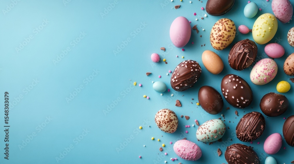 Poster a visually appealing arrangement of vibrant easter chocolate eggs on a blue background showcases a d