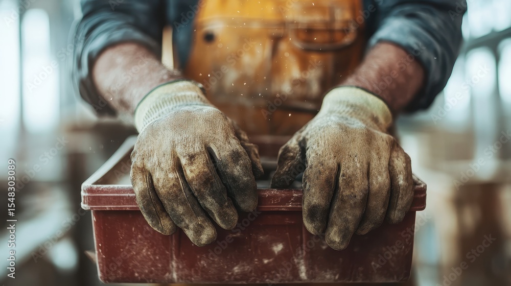 Poster a close-up of a pair of hands in work gloves gripping a toolbox. the image conveys the spirit of lab
