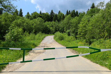 A dirt road leads deep into a dense forest, blocked by a white and green barrier. This landscape...