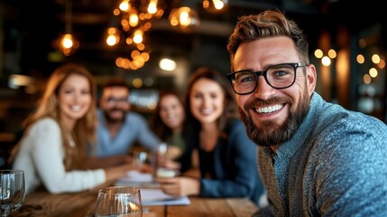 A joyful gathering of friends sitting together around a table, exuding warmth and happiness, embodying the spirit of camaraderie and connection in a lively social setting.