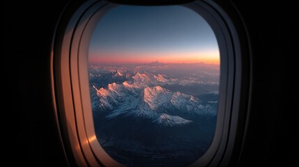 Aerial view of snow-capped mountains framed by the airplane window at sunrise