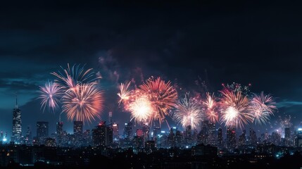 A breathtaking display of vibrant fireworks lights up the night sky above a bustling city skyline, capturing the beauty and energy of the urban celebration.