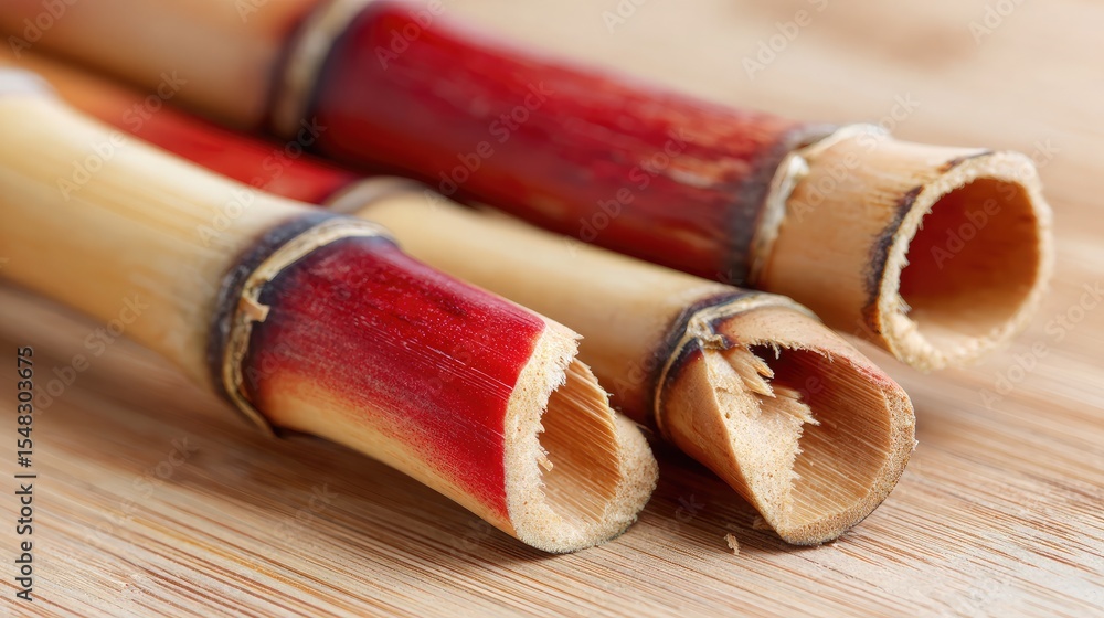 Poster bamboo segments freshly bitten with visible fibers and juice against a soft focus background